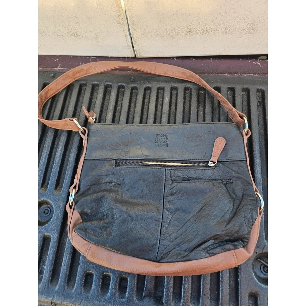 Purse-Stone And Company Ladies Brown and Black Genuine Leather Handbag